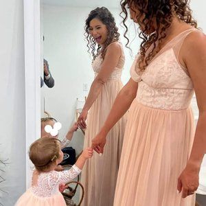 BHLDN anthropologie hither too bridesmaid dress pink and lace
